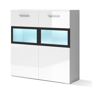 Buffet 90cm pour salon avec 2 portes vitrées et LED intégrées couleur blanc brillant collection CONNOR.