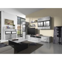 Buffet 90cm pour salon avec 2 portes vitrées et LED intégrées couleur gris effet béton collection CONNOR.