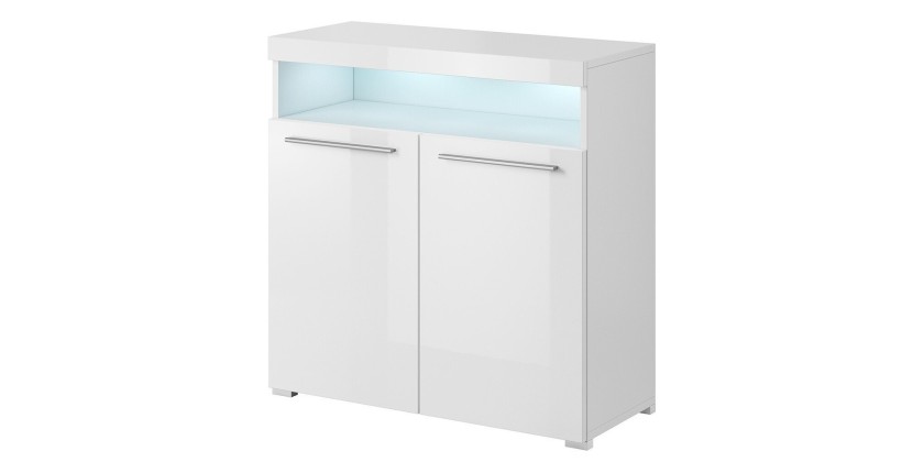 Buffet 90cm pour salon couleur blanc brillant avec éclairage LED multicolore intégré collection BOMBAY.