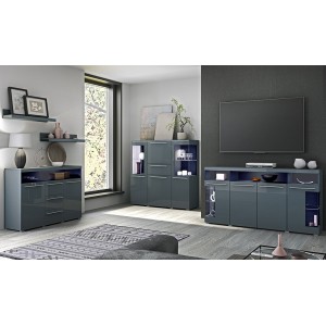 Buffet 130cm pour salon couleur gris brillant avec éclairage LED multicolore intégré collection BOMBAY.