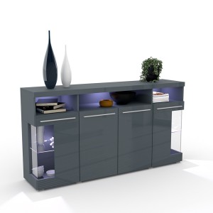 Buffet XL 180cm avec 4 portes couleur gris brillant avec éclairage LED multicolore intégré collection BOMBAY.