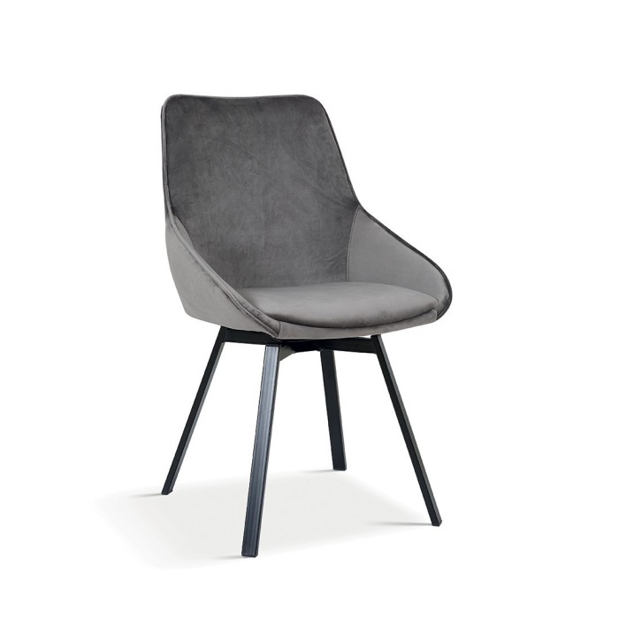 Chaise pivotante en velours gris pour salle à manger. Collection KIRU