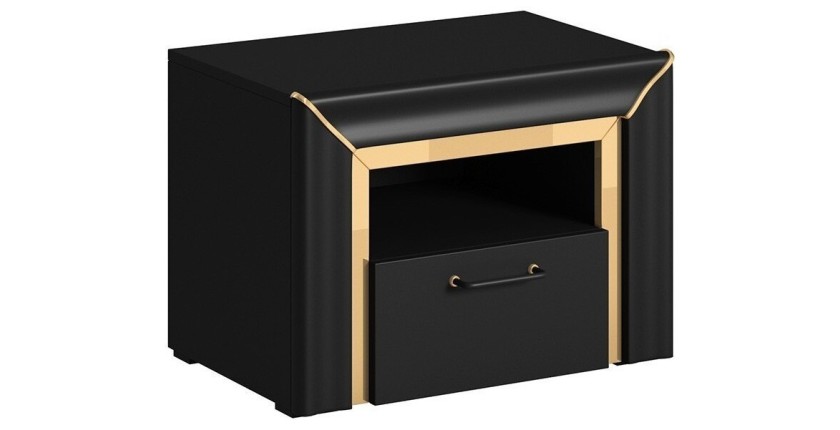 Table de chevet collection DOHA. 1 tiroir et 1 niche. Coloris noir mat et doré.
