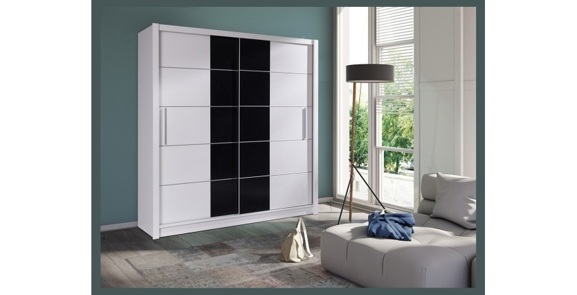 Armoire collection BRESCIA, 2 portes coulissantes coloris noir et blanc, penderie intégrée.