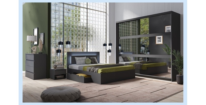 Lit NOFI gris 140x200 cm avec tiroirs, idéal pour chambre à coucher. Meuble design