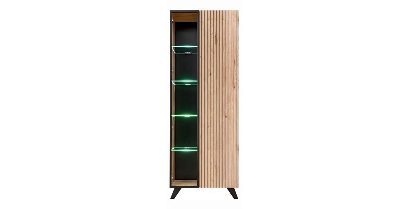 Vitrine haute design 2 portes avec éclairage LED intégré collection NIELSEN. Coloris chêne clair et noir.