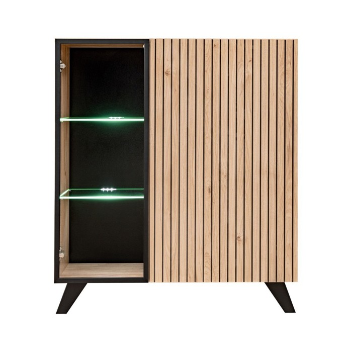 Vitrine basse design 2 portes avec éclairage LED intégré collection NIELSEN. Coloris chêne clair et noir.