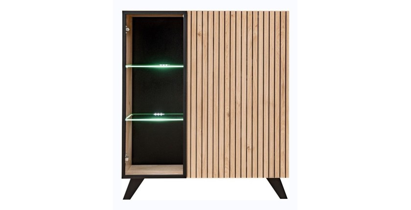 Vitrine basse design 2 portes avec éclairage LED intégré collection NIELSEN. Coloris chêne clair et noir.