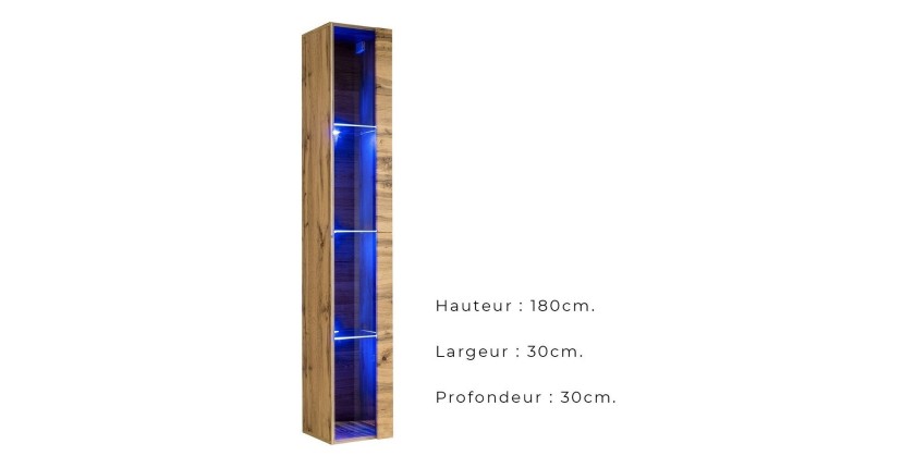 Vitrine suspendue coloris chêne Wotan avec 1 porte vitrée et éclairage LED inclus. Collection SWITCH.