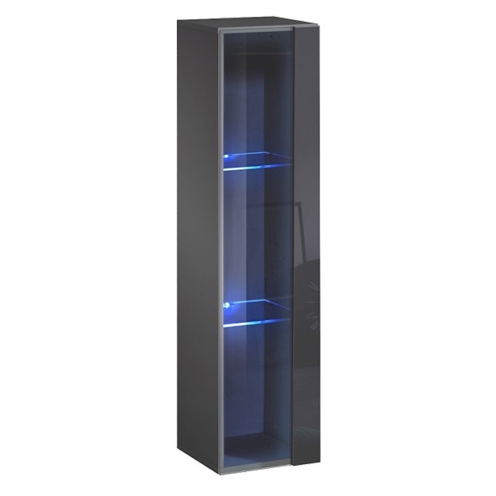 Vitrine suspendue grise petit modèle avec 1 porte vitrée et éclairage LED inclus. Collection SWITCH.