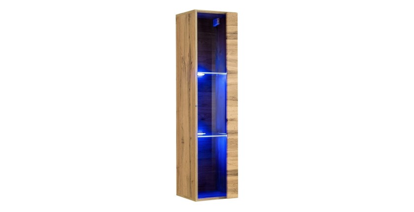 Vitrine suspendue coloris chêne petit modèle avec 1 porte vitrée et éclairage LED inclus. Collection SWITCH.