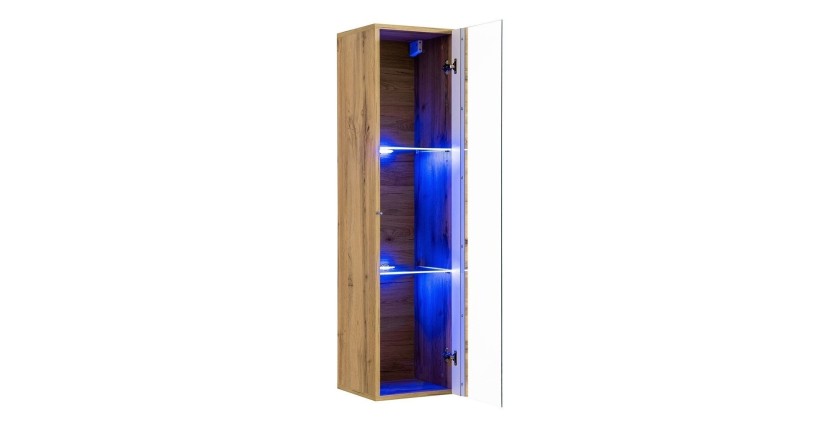 Vitrine suspendue coloris chêne petit modèle avec 1 porte vitrée et éclairage LED inclus. Collection SWITCH.