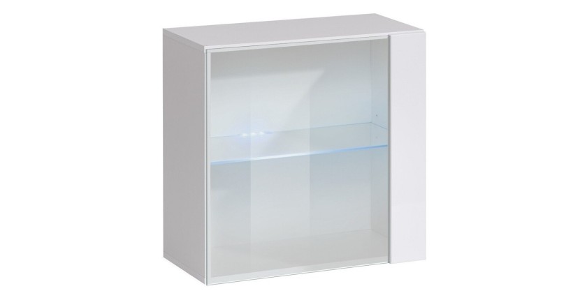 Vitrine blanche carrée suspendue avec 1 porte vitrée et éclairage LED inclus. Collection SWITCH.