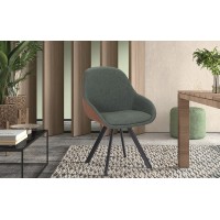 Chaise JEANNE Tissu Vert Dos PU Cognac, dimension H85 x L55 x P62, idéal pour votre cuisine ou salle à manger