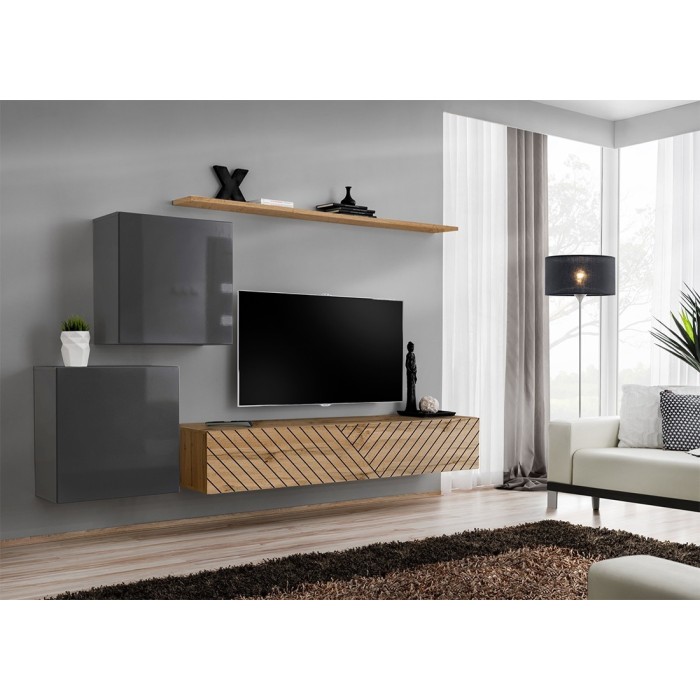 Ensemble de meubles design de salon SWITCH V, coloris gris et chêne. Finitions gris brillant et chêne fraisé.