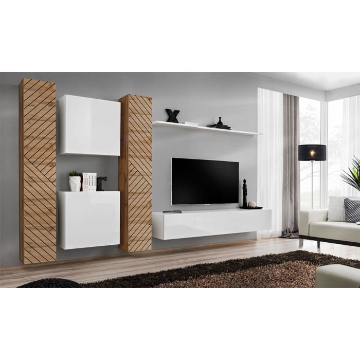 Ensemble de meubles design de salon SWITCH VI. Coloris chêne et blanc finition chêne effet fraisé et blanches brillantes.