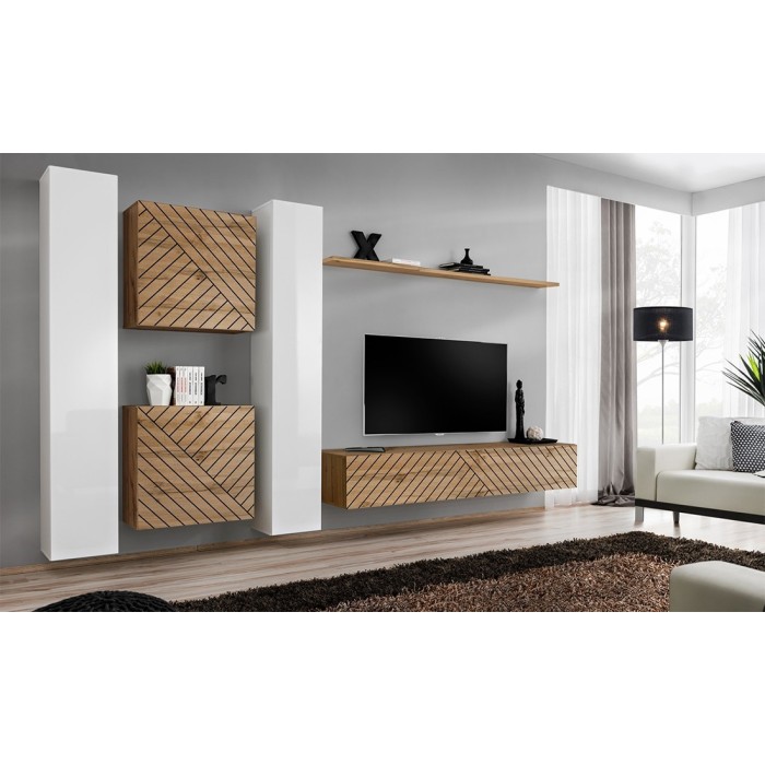 Ensemble de meubles design de salon SWITCH VI. Coloris blanc et chêne finition blanches brillantes et chêne effet fraisé.