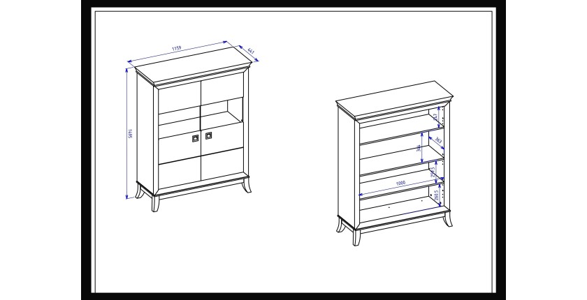 Buffet haut design 2 portes pour salon couleur blanc et chêne foncé, collection PALACE