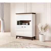 Buffet haut design 2 portes pour salon couleur blanc et chêne foncé, collection PALACE