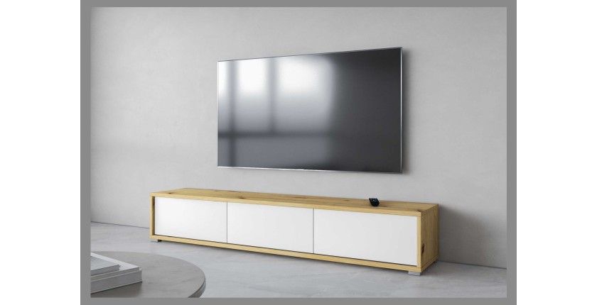 Meuble TV 180cm collection MAANUM. Couleur chêne clair et blanc.