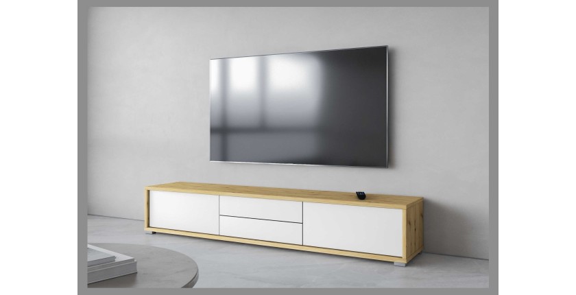 Meuble TV 180cm, 2 tiroirs et 2 portes collection MAANUM. Couleur chêne clair et blanc.