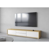 Meuble TV 180cm, 2 tiroirs et 2 portes collection MAANUM. Couleur chêne clair et blanc.