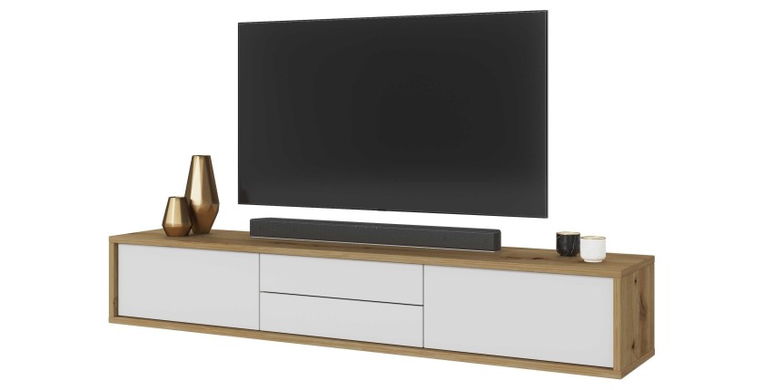 Meuble TV 180cm, 2 tiroirs et 2 portes collection MAANUM. Couleur chêne clair et blanc.