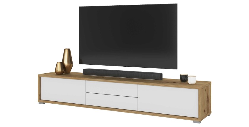 Meuble TV 180cm, 2 tiroirs et 2 portes collection MAANUM. Couleur chêne clair et blanc.