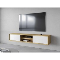 Meuble TV 180cm, 2 portes et 2 niches collection MAANUM. Couleur chêne clair et blanc.