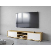 Meuble TV 180cm, 2 portes et 2 niches collection MAANUM. Couleur chêne clair et blanc.