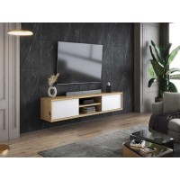 Meuble TV 180cm, 2 portes et 2 niches collection MAANUM. Couleur chêne clair et blanc.