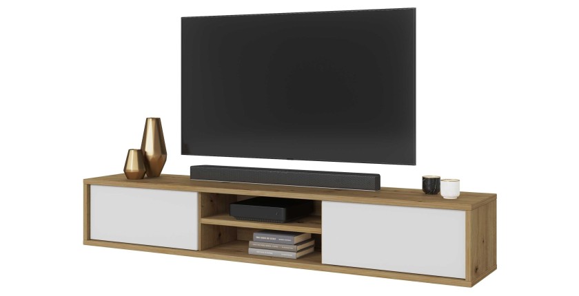 Meuble TV 180cm, 2 portes et 2 niches collection MAANUM. Couleur chêne clair et blanc.