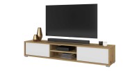 Meuble TV 180cm, 2 portes et 2 niches collection MAANUM. Couleur chêne clair et blanc.