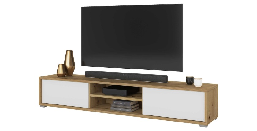 Meuble TV 180cm, 2 portes et 2 niches collection MAANUM. Couleur chêne clair et blanc.