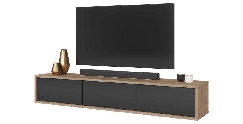 Meuble TV 180cm collection MAANUM. Couleur chêne clair et gris.