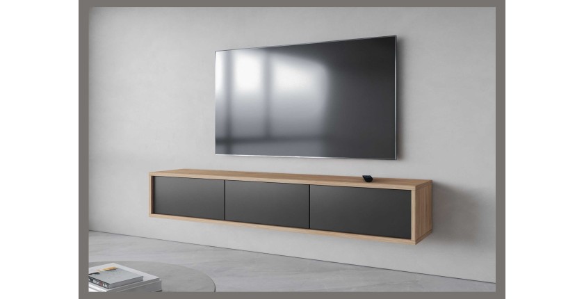 Meuble TV 180cm collection MAANUM. Couleur chêne clair et gris.