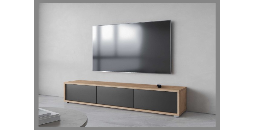 Meuble TV 180cm collection MAANUM. Couleur chêne clair et gris.