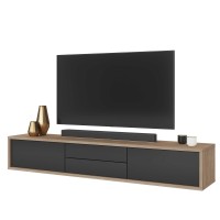 Meuble TV 180cm, 2 tiroirs et 2 portes collection MAANUM. Couleur chêne clair et gris.