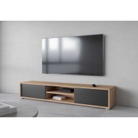 Meuble TV 180cm, 2 portes et 2 niches collection MAANUM. Couleur chêne clair et gris.