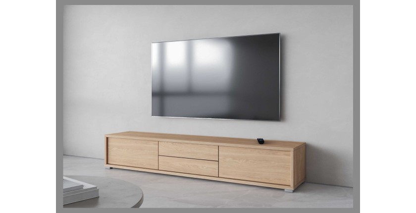 Meuble TV 180cm, 2 tiroirs et 2 portes collection MAANUM. Couleur chêne clair.