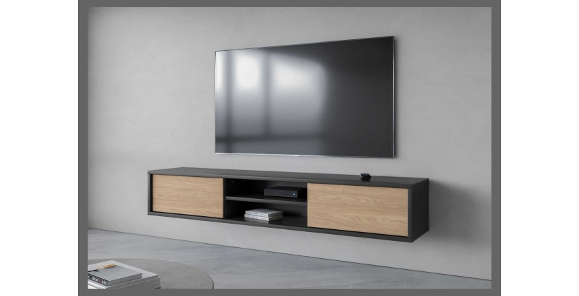 Meuble TV 180cm, 2 portes et 2 niches collection MAANUM. Couleur gris et chêne clair.