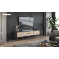 Meuble TV 180cm, 2 tiroirs et 2 portes collection MAANUM. Couleur gris et chêne clair.