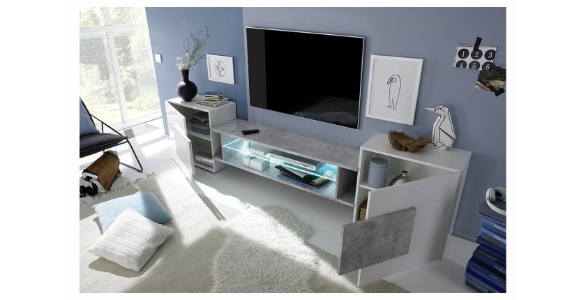 Meuble TV XL 260cm collection INCANTO. Coloris blanc laqué et gris effet béton.