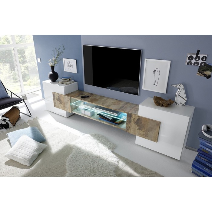 Meuble TV XL 260cm collection INCANTO. Coloris blanc laqué et chêne clair.