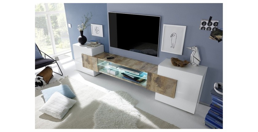 Meuble TV XL 260cm collection INCANTO. Coloris blanc laqué et chêne clair.