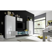 Meuble TV XL 260cm avec 2 bibliothèques intégrées collection INCANTO. Coloris blanc laqué et gris effet béton.