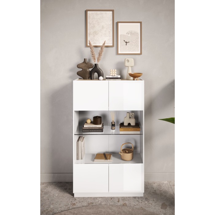 Vitrine design 2 portes collection FANZY. Coloris blanc laqué \ chêne, idéal pour une salle a manger unique