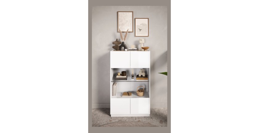 Vitrine design 2 portes collection FANZY. Coloris blanc laqué \ chêne, idéal pour une salle a manger unique