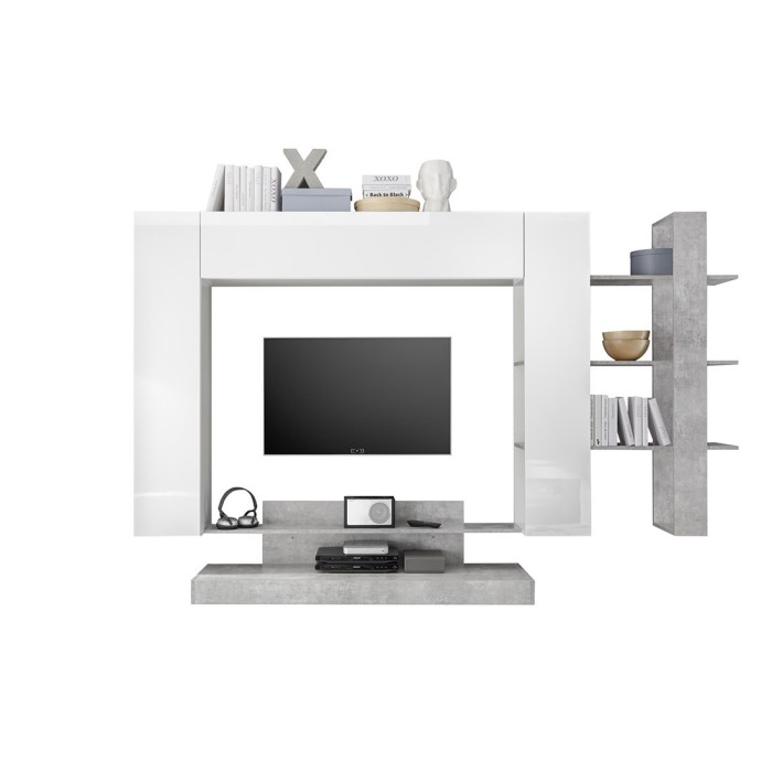 Ensemble de meubles de salon design avec nombreux rangements collection KALO. Coloris blanc laqué et gris effet béton