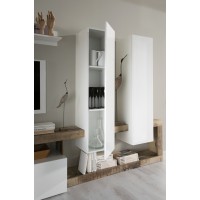 Ensemble de meubles de salon design avec nombreux rangements collection BURA. Coloris blanc laqué et bois clair